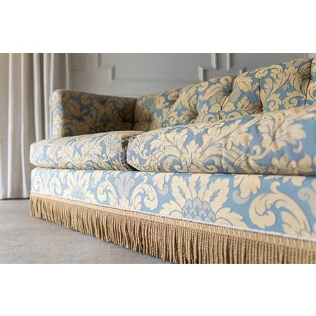 Vintage Damask Traditional Tufted Rolled-Arm Sofa With Fringe Skirt For Sale - Image 12 of 18