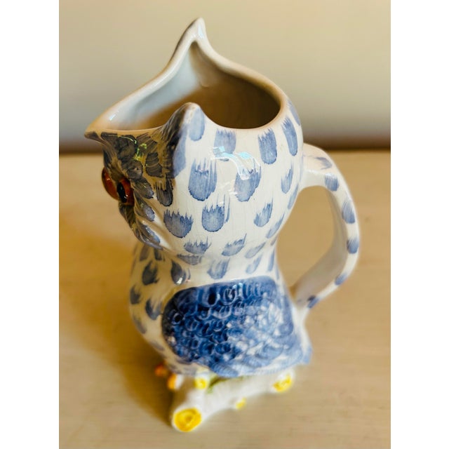 1970s Vintage Mid Century Blue & White Hand Painted Ceramic Owl Pitcher For Sale - Image 5 of 11