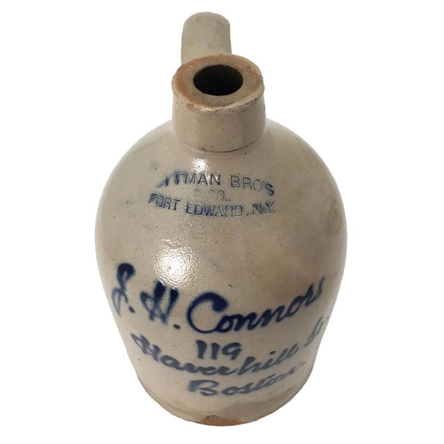 Antique Ottman Bros. New York Maker for Boston Blue "Script" Decorated Stoneware 1 Gallon Spirits Jug For Sale In Boston - Image 6 of 13