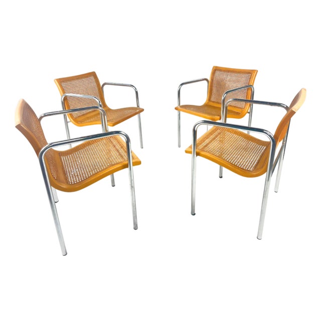 1970s Italian MCM Curved Cane & Chrome Chairs Set of (4) For Sale