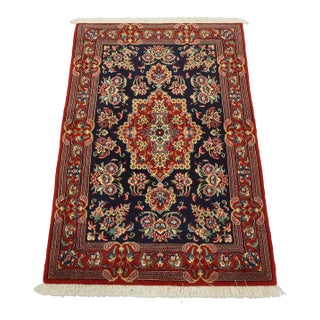 Qom Rug 2’8” X 3’11” Blue Wool Vintage Traditional Hand-Knotted Carpet For Sale