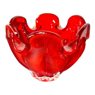Vintage Ruby Red Murano Style Glass Bowl Ashtray For Sale