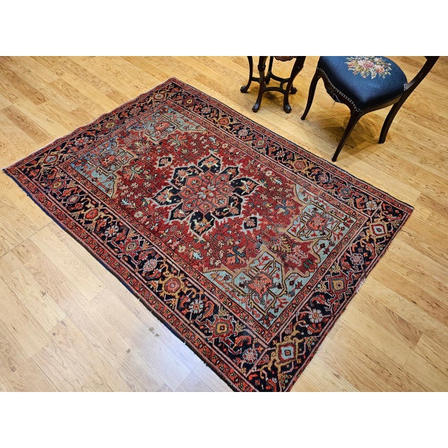 Antique Heriz Serapi Rug, Hand-Knotted Wool, Geometric Pattern, Brick-Red & Blue, 5x7 For Sale In Chicago - Image 6 of 18