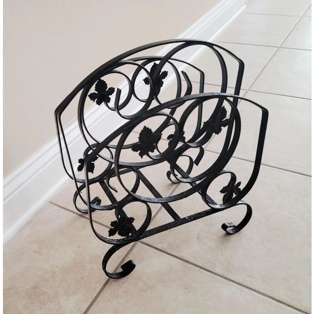Gorgeous Vintage Wrought Iron Magazine Rack, Black Scroll Metal Storage Stand, Cottagecore Organizer. Beautiful scrolling...