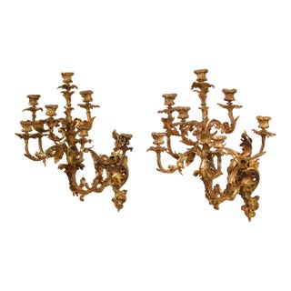 Pair of 19th Century French Louis XV Rococo Bronze Dore Eight-Light Wall Sconces For Sale