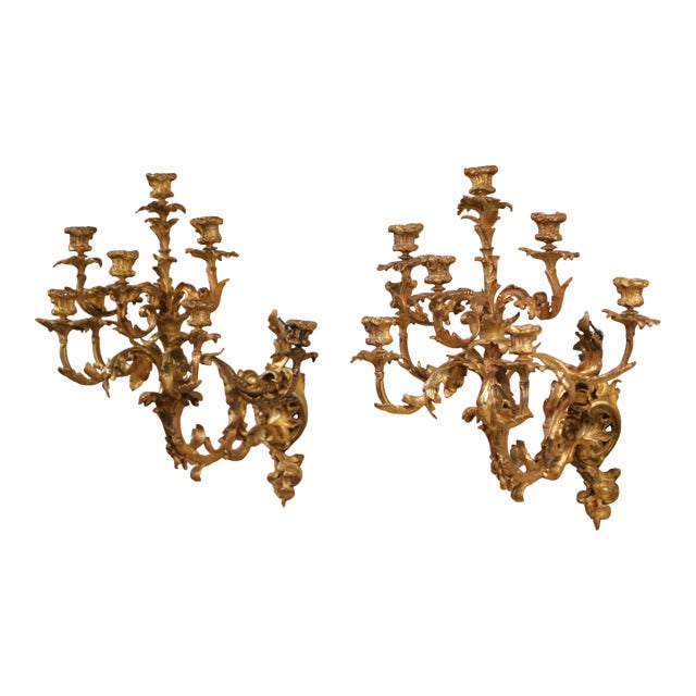 Pair of 19th Century French Louis XV Rococo Bronze Dore Eight-Light Wall Sconces For Sale