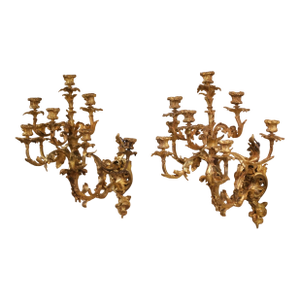 Pair of 19th Century French Louis XV Rococo Bronze Dore Eight-Light Wall Sconces
