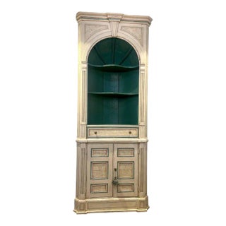 1940s Ivory & Green Painted & Faux Marbleized Corner Cupboard with Domed Interior For Sale