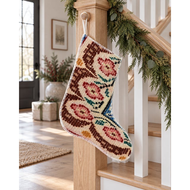 Art Deco Vintage Turkish Hand-Knotted Wool Rug Christmas Stocking, Bohemian Burgundy Pink For Sale - Image 3 of 6