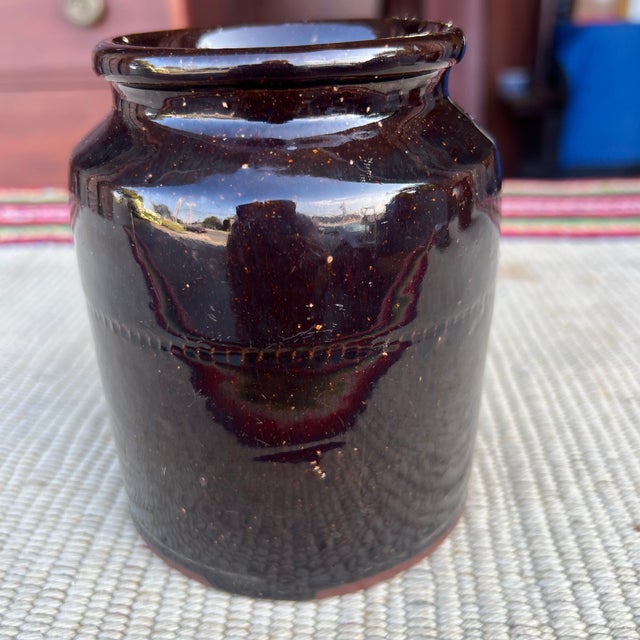 Ceramic A Fine Antique Pennsylvania Folk Art Redware Preserve Jar With an Albany Glaze, 1870's For Sale - Image 7 of 12