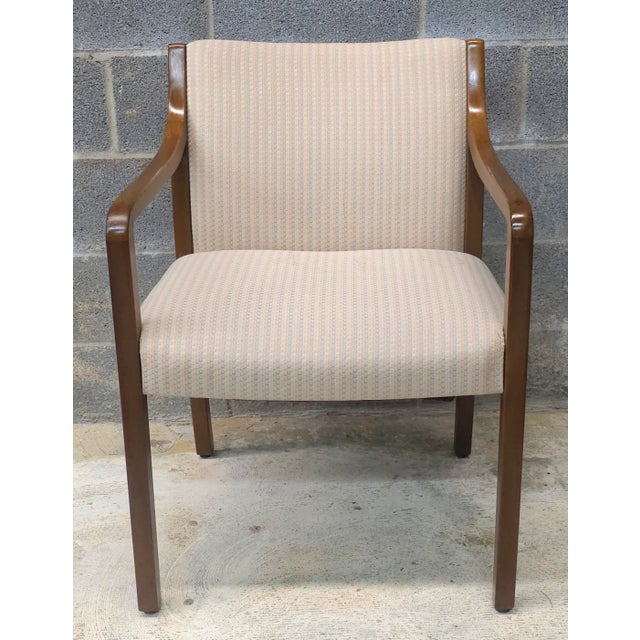 A Late 20th Century Gunlocke modernist solid Oak and Upholstered Armchairs, guess chair. Measure 23" in width, 23" in...