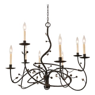Organic Modern Paul Ferrante Handcrafted Wrought Iron Eight Light Chandelier With Vine Detail For Sale