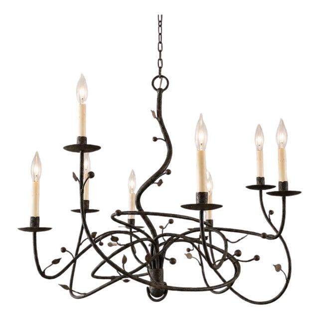 Organic Modern Paul Ferrante Handcrafted Wrought Iron Eight Light Chandelier With Vine Detail For Sale