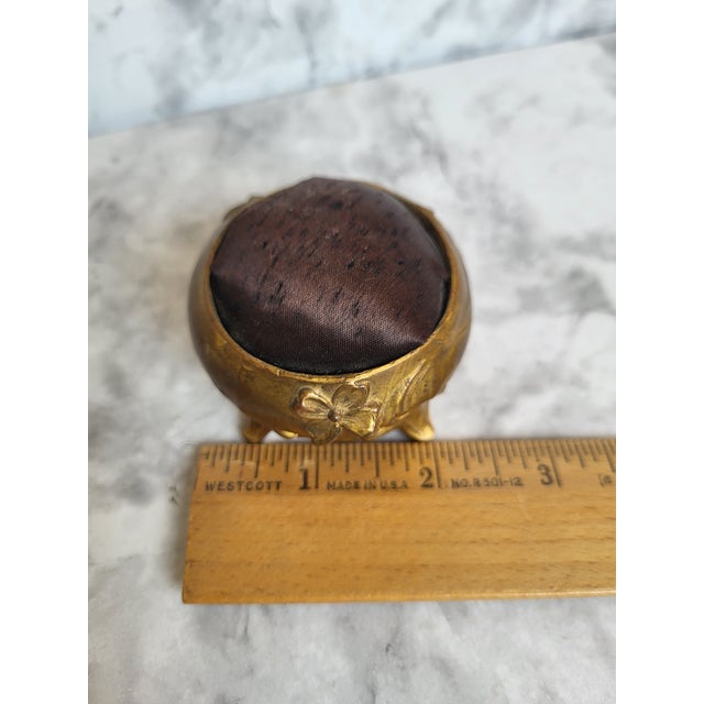 Metal Antique Brass Footed Floral Pincushion For Sale - Image 7 of 10