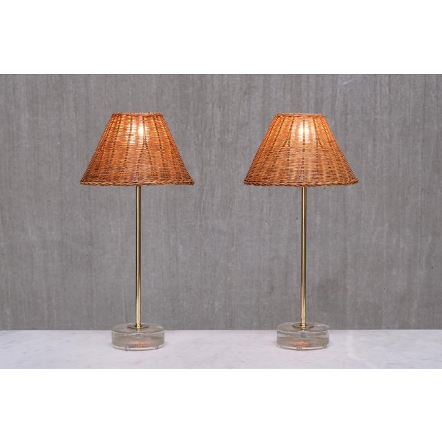 Mid-Century Modern Table Lamps in Brass, Glass and Rattan from Falkenbergs Belysning, 1960s, Set of 2 For Sale - Image 3 of 12