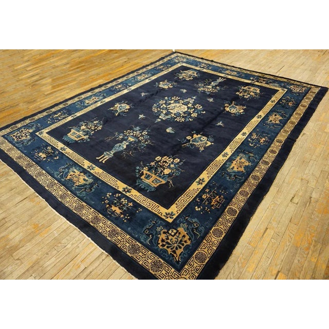 Chinese Exceptional Navy Blue Color With Lovely Chinoiserie and Floral Design Antique Chinese Perking Rug For Sale - Image 3 of 10