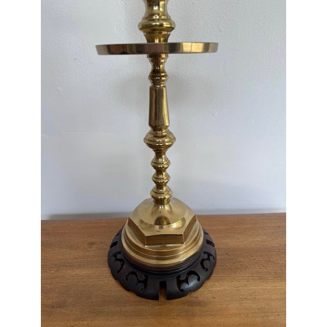 1970s 1970s Brass Candlestick Lamp With Carved Wood Base For Sale - Image 5 of 9