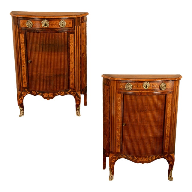 Pair Antique 18thC French Louis XV Inlaid Marquetry Ormolu Tambour Cabinets 1780 For Sale