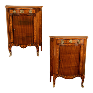 Pair Antique 18thC French Louis XV Inlaid Marquetry Ormolu Tambour Cabinets 1780
