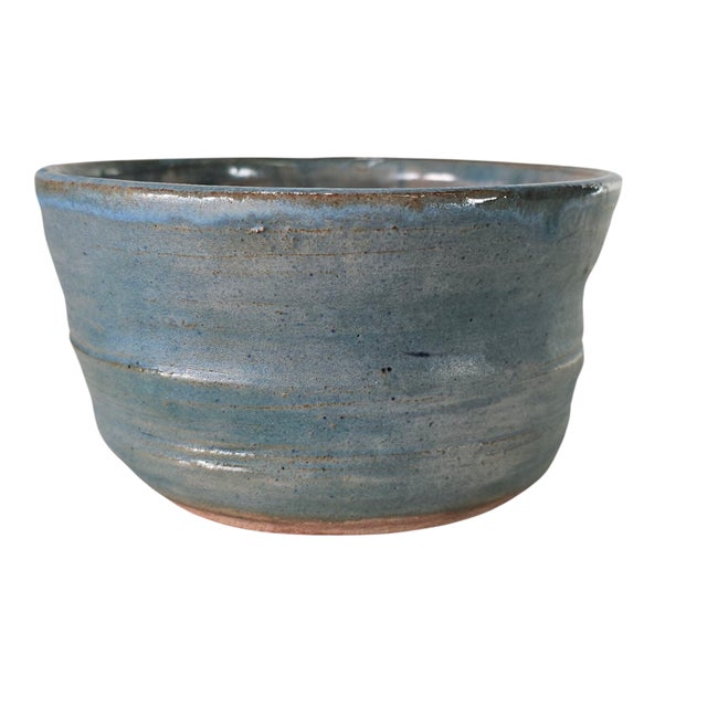 Mid-Century Signed Studio Art Pottery Bowl With Blue Drip Glaze For Sale - Image 4 of 7