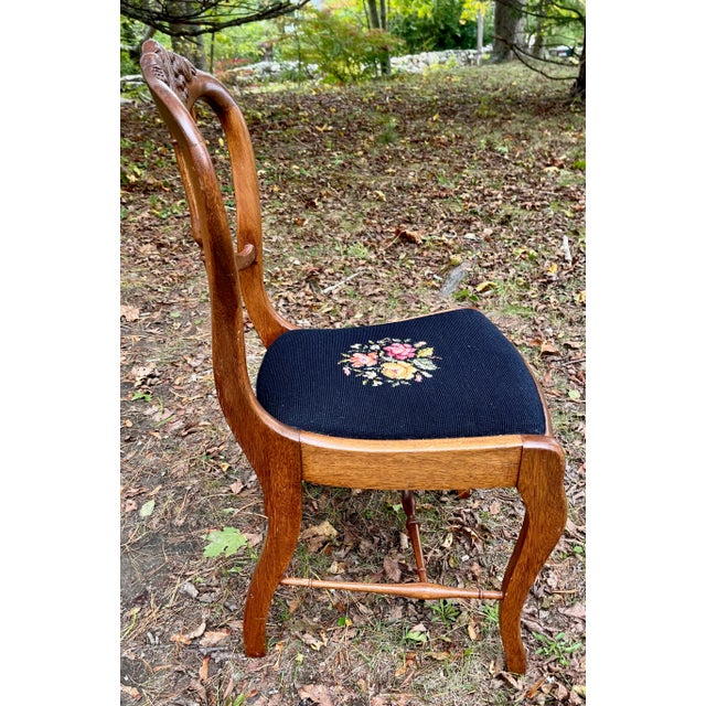 Victorian Accent Chair Carved Oak Crest Needlepoint Seat 1890s For Sale - Image 4 of 7