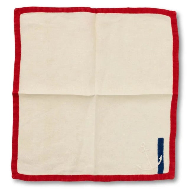Traditional Set X 7 Embroidered Anchor Napkins W/ Blue & Red Trim For Sale - Image 3 of 4