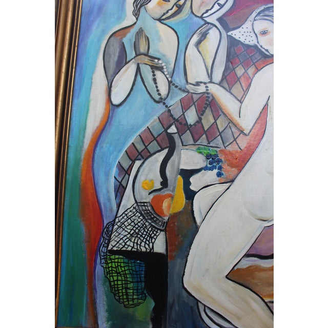 Textile Modernist Hungarian Style Oil Painting Three Graces Homage to Béla Kádár (Framed) For Sale - Image 7 of 8
