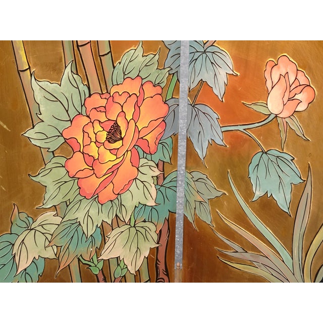Wood 84" Tall Vintage Eight Panel Oriental Asian Gold Folding Screen Room Divider W Birds For Sale - Image 7 of 13