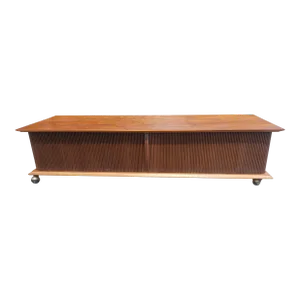 Lane Mid-Century Modern Style Teak and Tambour Door Base Rolling Coffee Table
