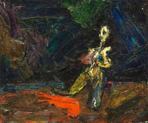 Bezalel Schatz, Modernist Interior Kneeling Female Nude Figure Bezael Schatz Israeli Painting