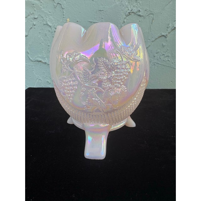 American Vintage Fenton Pink Opalescent Carnival Glass Three-Footed Grape & Vine Rose Bowl For Sale - Image 3 of 11
