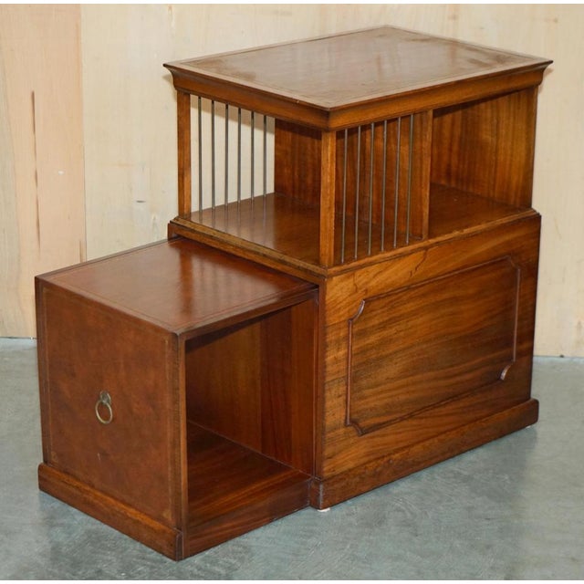 Flamed Hardwood & Brown Leather Sliding Book Tables, Set of 2 For Sale - Image 11 of 18