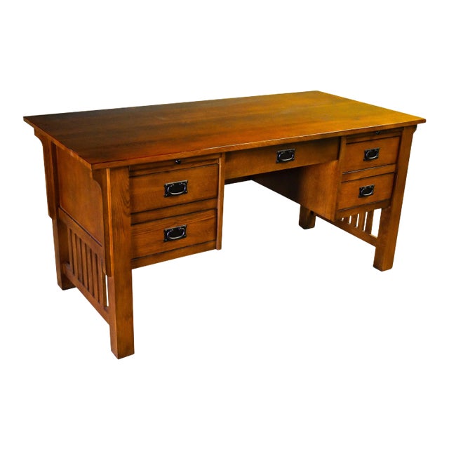 Crafters and Weavers Mission Quarter Sawn Oak 5 Drawer Executive Desk - Michael's Cherry (Mc3) For Sale