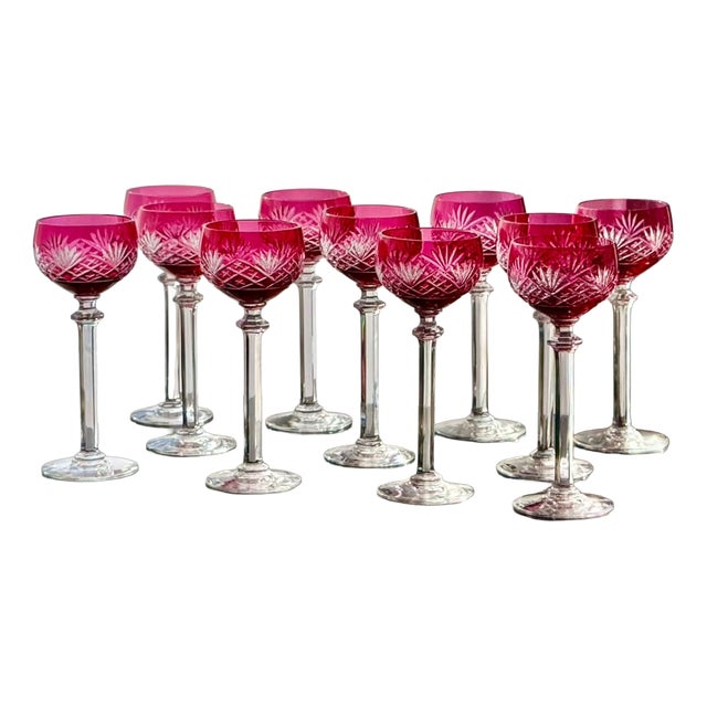 Ruby Cut Crystal Liqueur Glasses attributed to Val Saint Lambert, 1950, Set of 11 For Sale