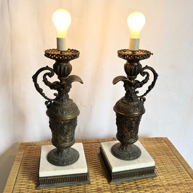 Antique French Bronze Ewer Converted Oil Lamps With Crystal Tops - A Pair For Sale - Image 10 of 11