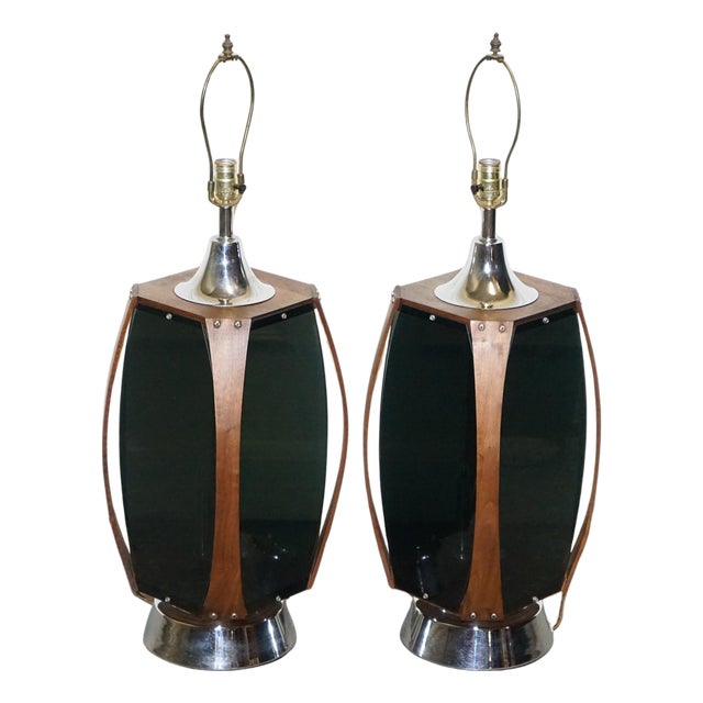 Large Mid-Century Danish Modern Acrylic and Teak Lamps, Set of 2 For Sale