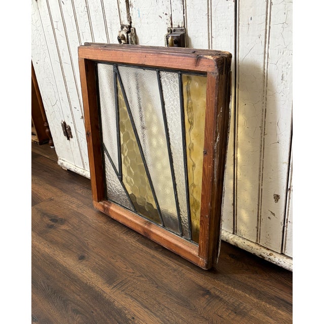 1920s Antique Glass Wood Frame Stained Prairie School Window - Geometric Reversible Wood Frame For Sale - Image 5 of 10