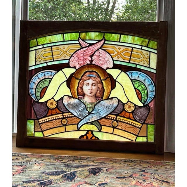 19th Century Stained Glass Window With Painted Angel Portrait in Original Frame For Sale - Image 16 of 17
