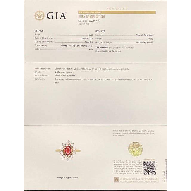 Red Mid 20th Century Vintage Gia Burma Ruby and Diamond Ring, Size 6.75 For Sale - Image 8 of 8