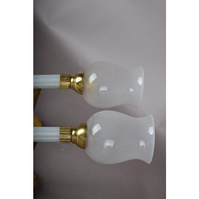 French Blue Opaline Glass and Brass Torch Wall Sconces with Glass Shades, 1950s, Set of 2 For Sale - Image 3 of 15