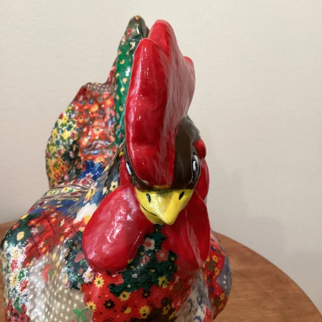 Red Mid Century Large Colorful Decoupage Roster Folk Art For Sale - Image 8 of 13