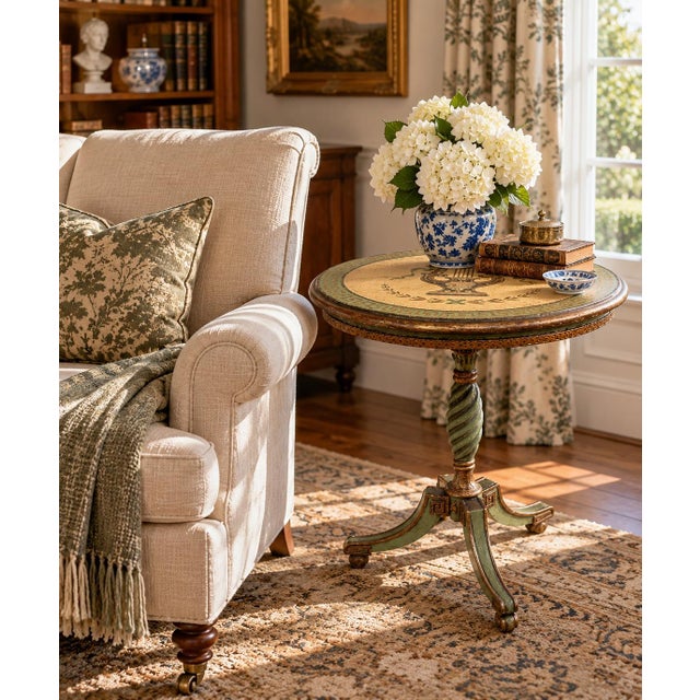 An elegant Regency-style flip-top side table in painted walnut, featuring hand-painted gold decoration against a soft...