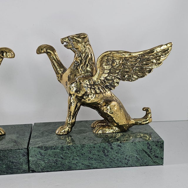 Pair of Vintage Brass Griffin Bookends With Green Marble Bases For Sale - Image 9 of 10