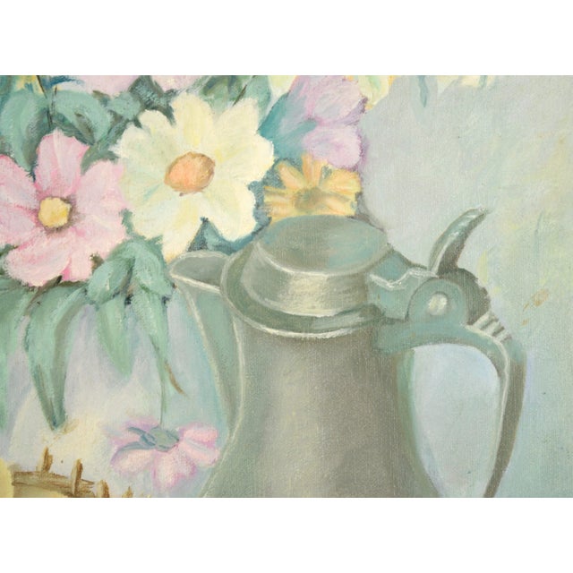 1980s Floral Still Life With French Basket of Apples and Pewter Pitcher Impressionism For Sale - Image 4 of 8