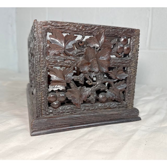 Black Antique Hand Carved German Black Forest Wood Reticulated Dresser Spool Box For Sale - Image 8 of 12