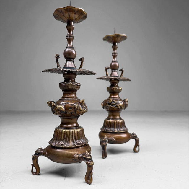 Mid-Century Modern Japanese Altar Candlesticks with Cranes, 1960s, Set of 2 For Sale - Image 3 of 12