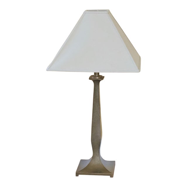 Geometric Oxidized Bronze Table Lamp With Cream Aberdeen Shades Styled After Caparra For Sale