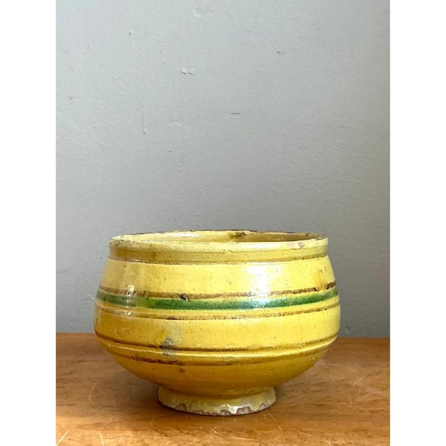Light Yellow Vintage Striped Earthenware Decorative Bowl For Sale - Image 8 of 12