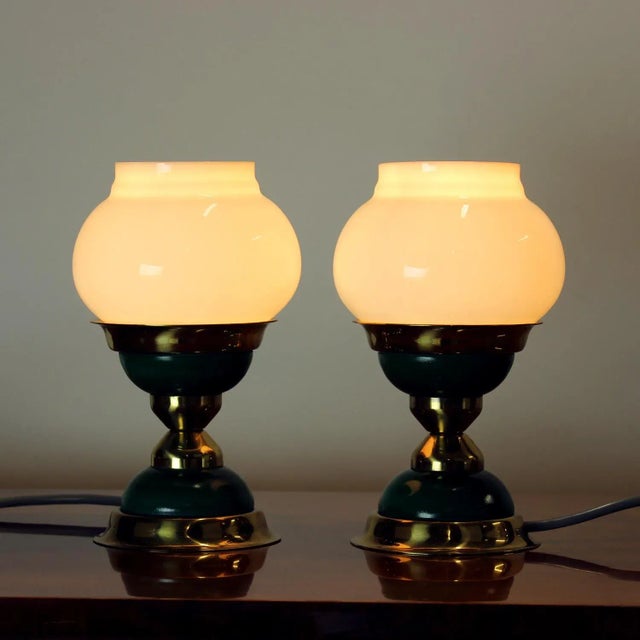 Metal Table Lamps in Opaline Glass and Brass, Former Czechoslovakia, 1955, Set of 2 For Sale - Image 7 of 12