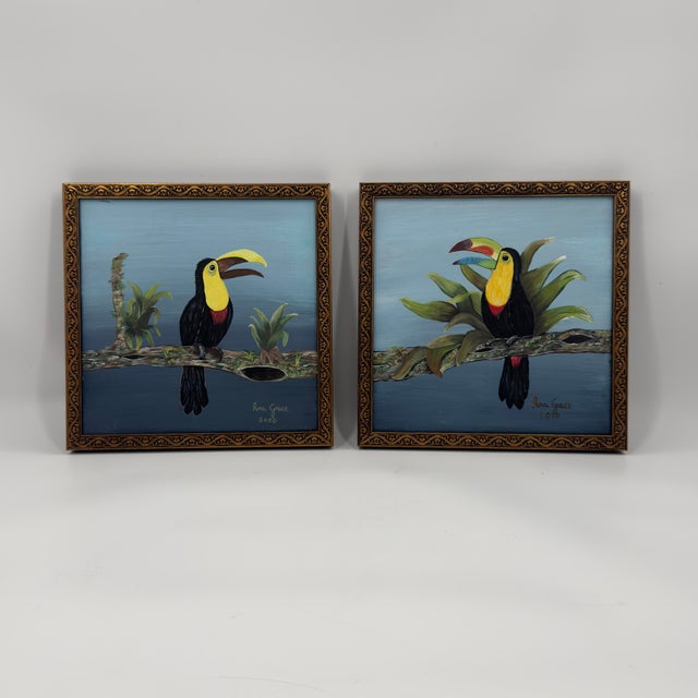 Original Toucan Painting on Canvas Tropical Bird Gilt Frame For Sale - Image 10 of 10